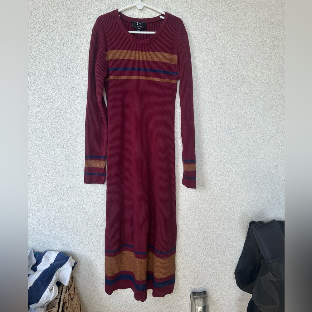 G by Giuliana Striped Ribbed Knit A-Line Sweater Dress Maroon & Gold Combo - XXS